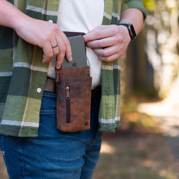 Man using a Leather Phone Holster