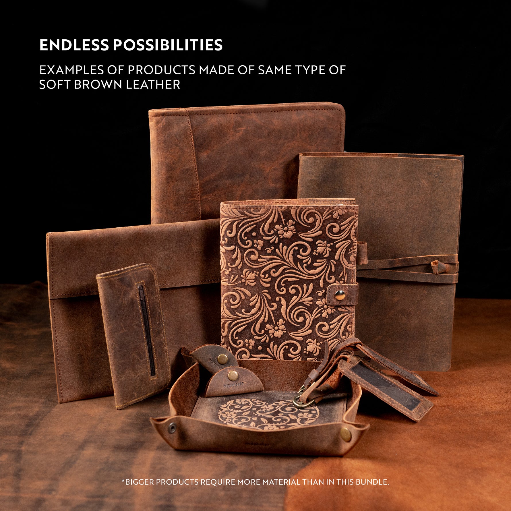 different leather products made with Soft Brown Leather Craft Bundle