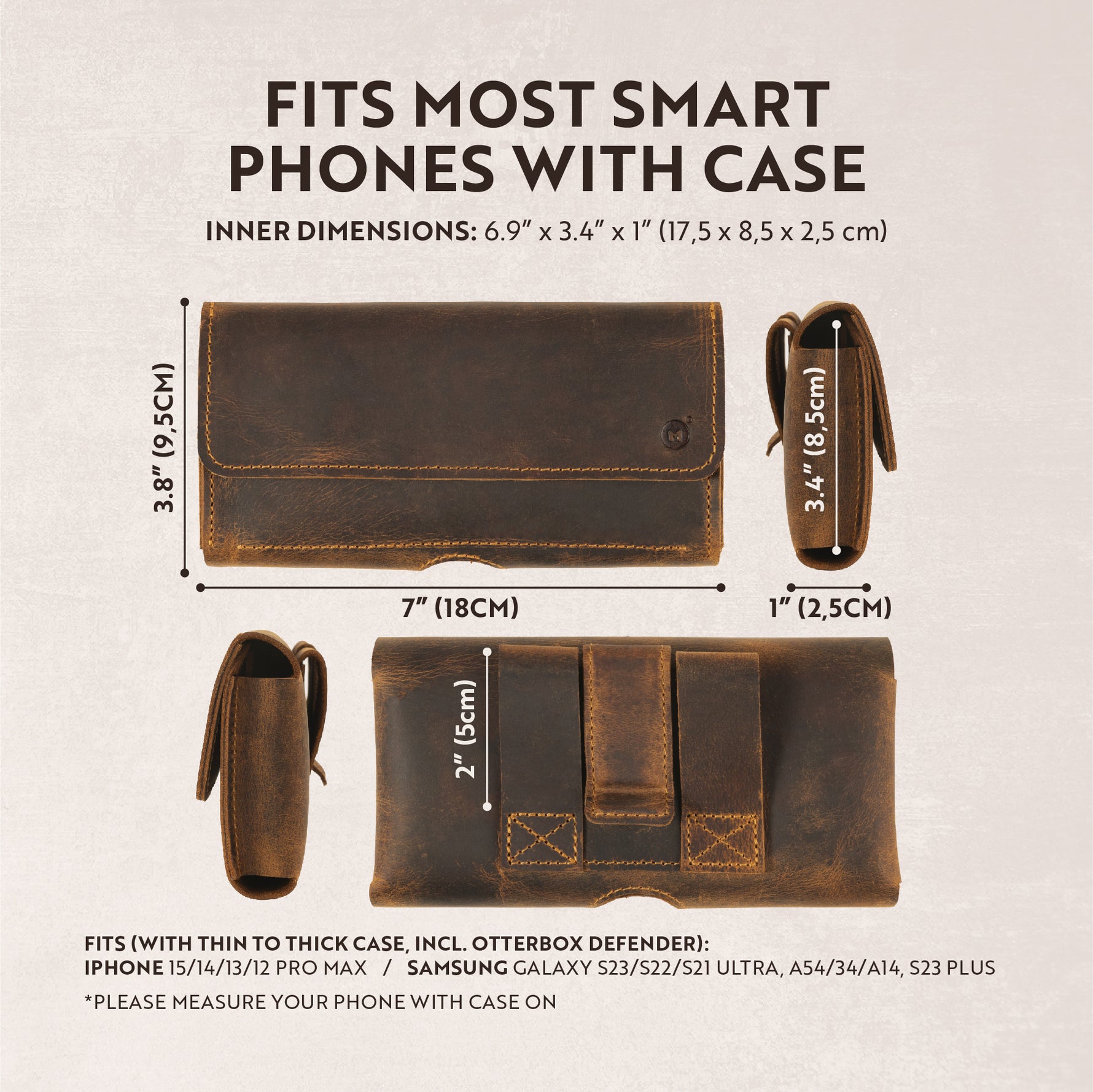 dimensions and size of the horizontal leather phone holster by Moonster