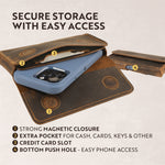 Brown leather horizontal phone holster with a mobile phone inside