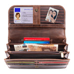 Women’s leather wallet by Moonster, open interior view showing multiple card slots, ID window, cash compartments, snap-button closure, and a vintage brown leather finish.