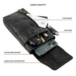 open black leather phone holster with its compartments