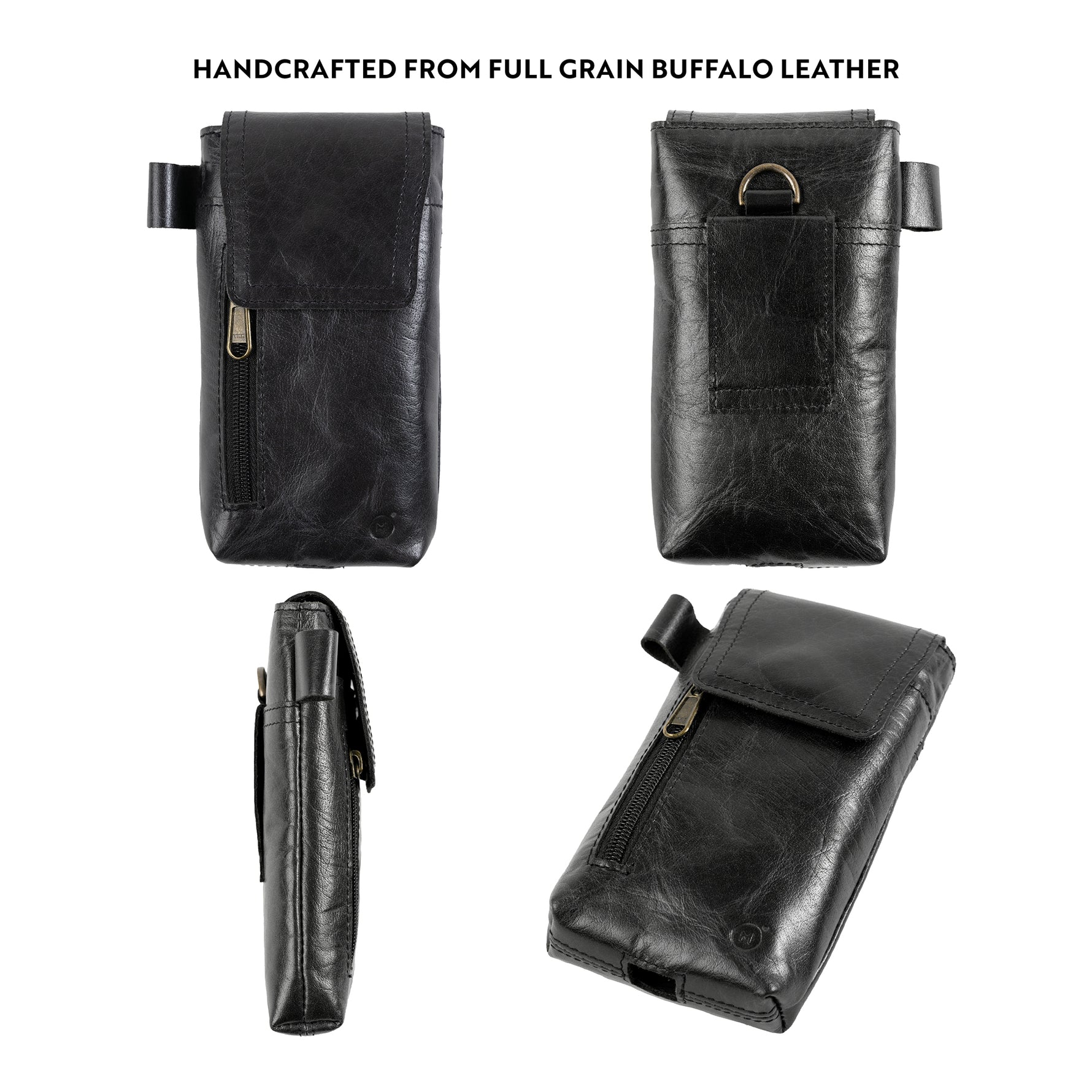 black leather phone holster from various angles