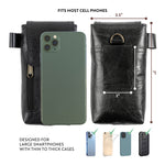back and front of black leather phone holster with dimensions