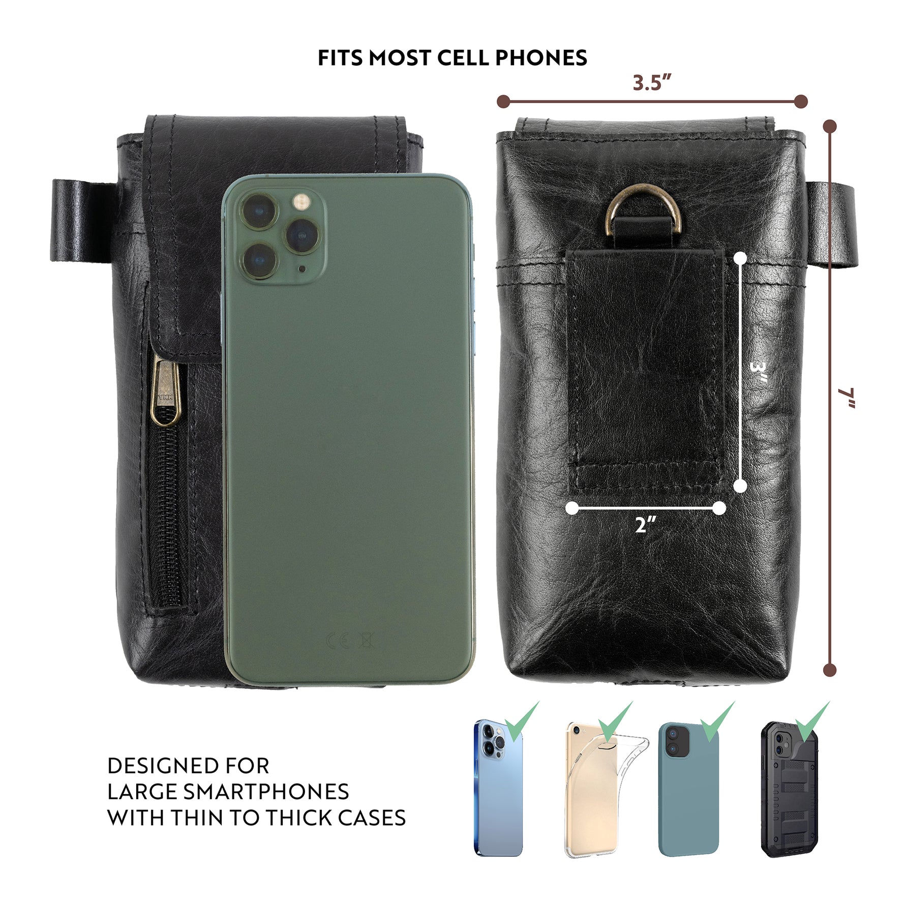 back and front of black leather phone holster with dimensions
