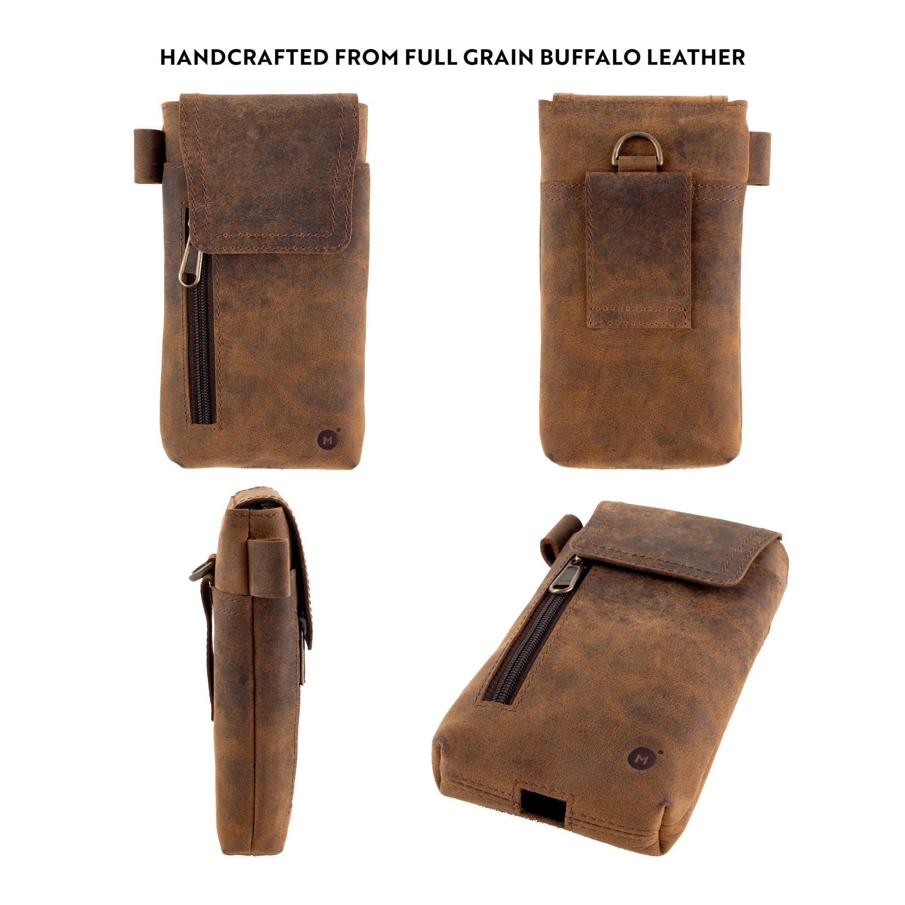 brown leather phone holster from various angles