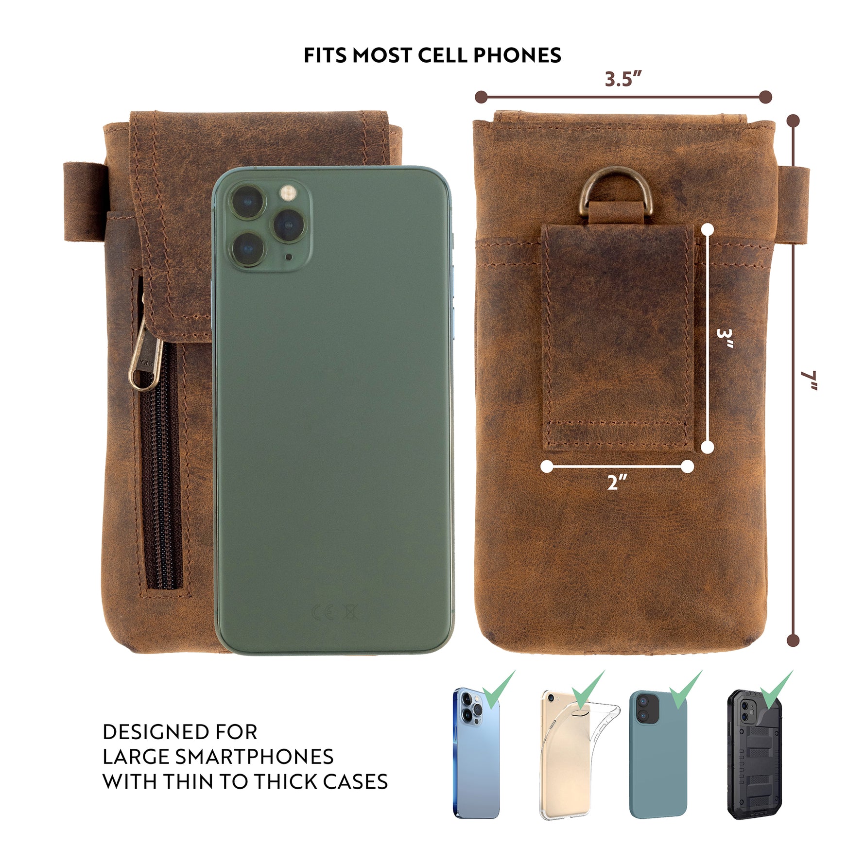 back and front of brown leather phone holster with dimensions