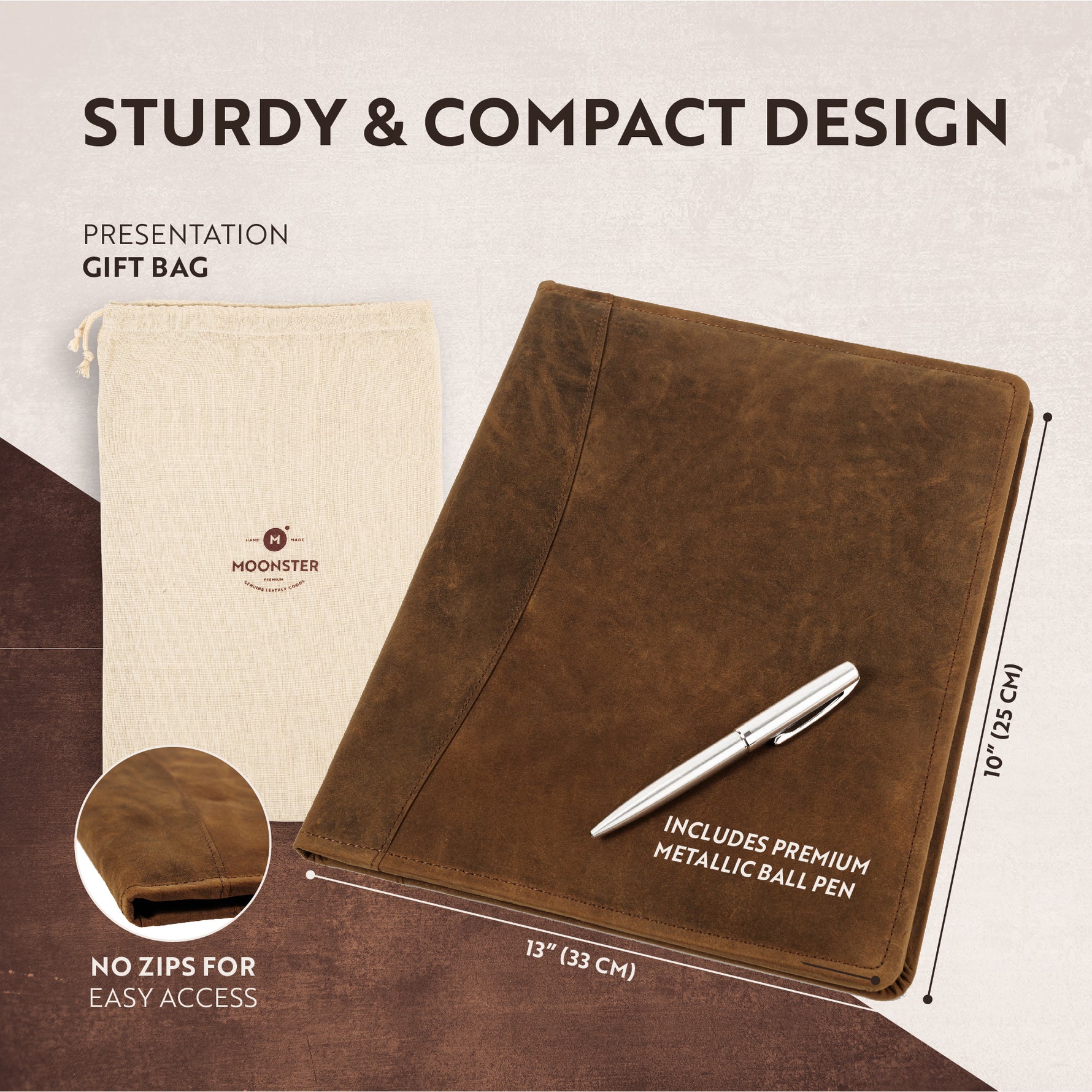 brown leather portfolio with a pen on top of it and Moonster presentation gift bag
