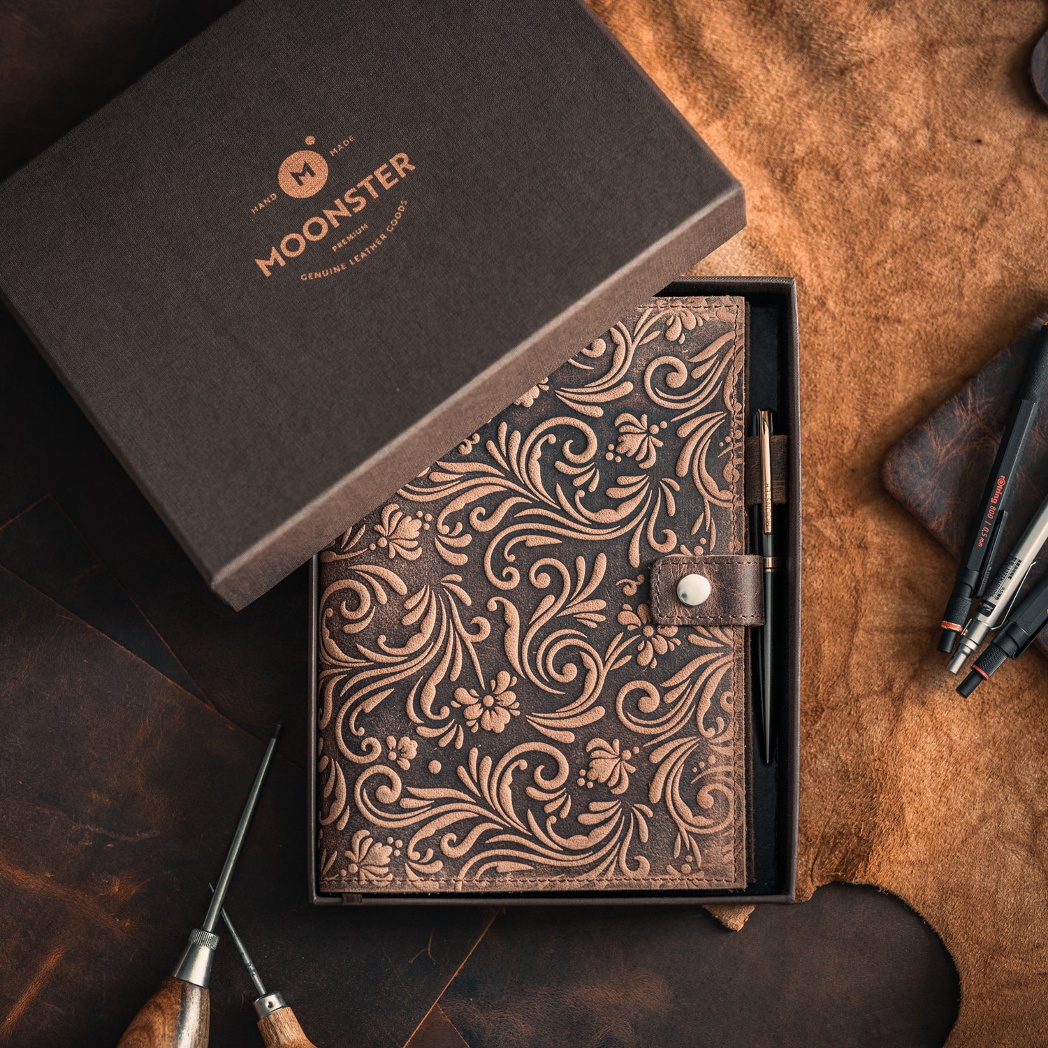 flower leather journal packed in a presentation gift box by Moonster