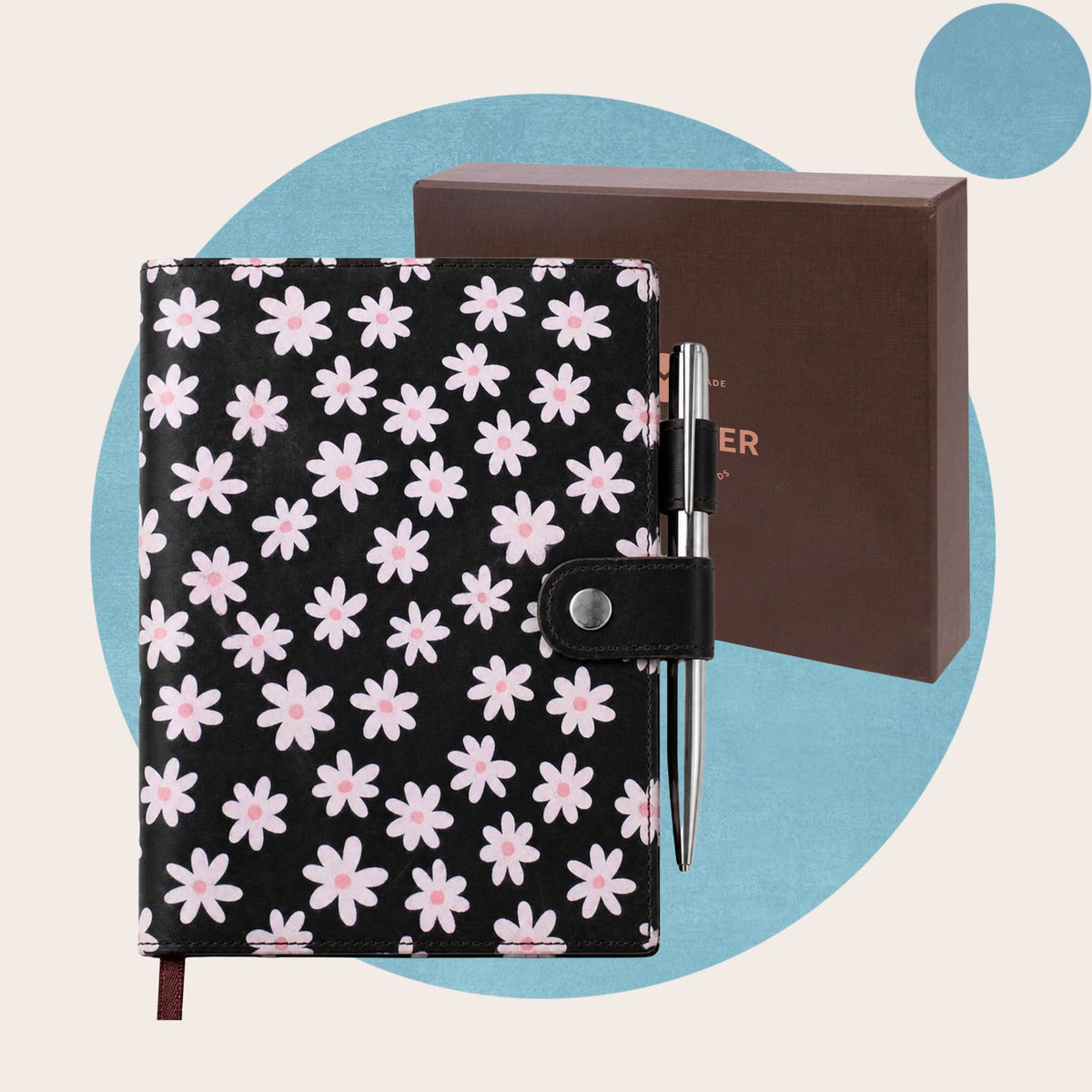 Pastel Daisy Print Refillable Leather Journal with Pen
