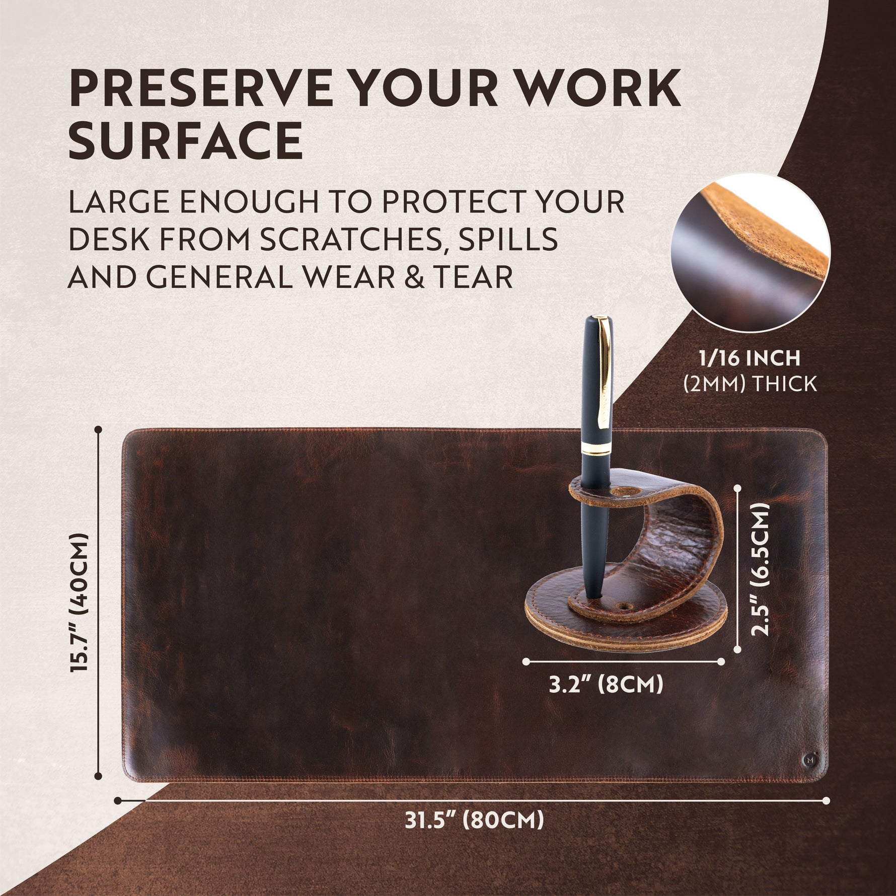 brown leather desk pad set and pen with dimensions by Moonster