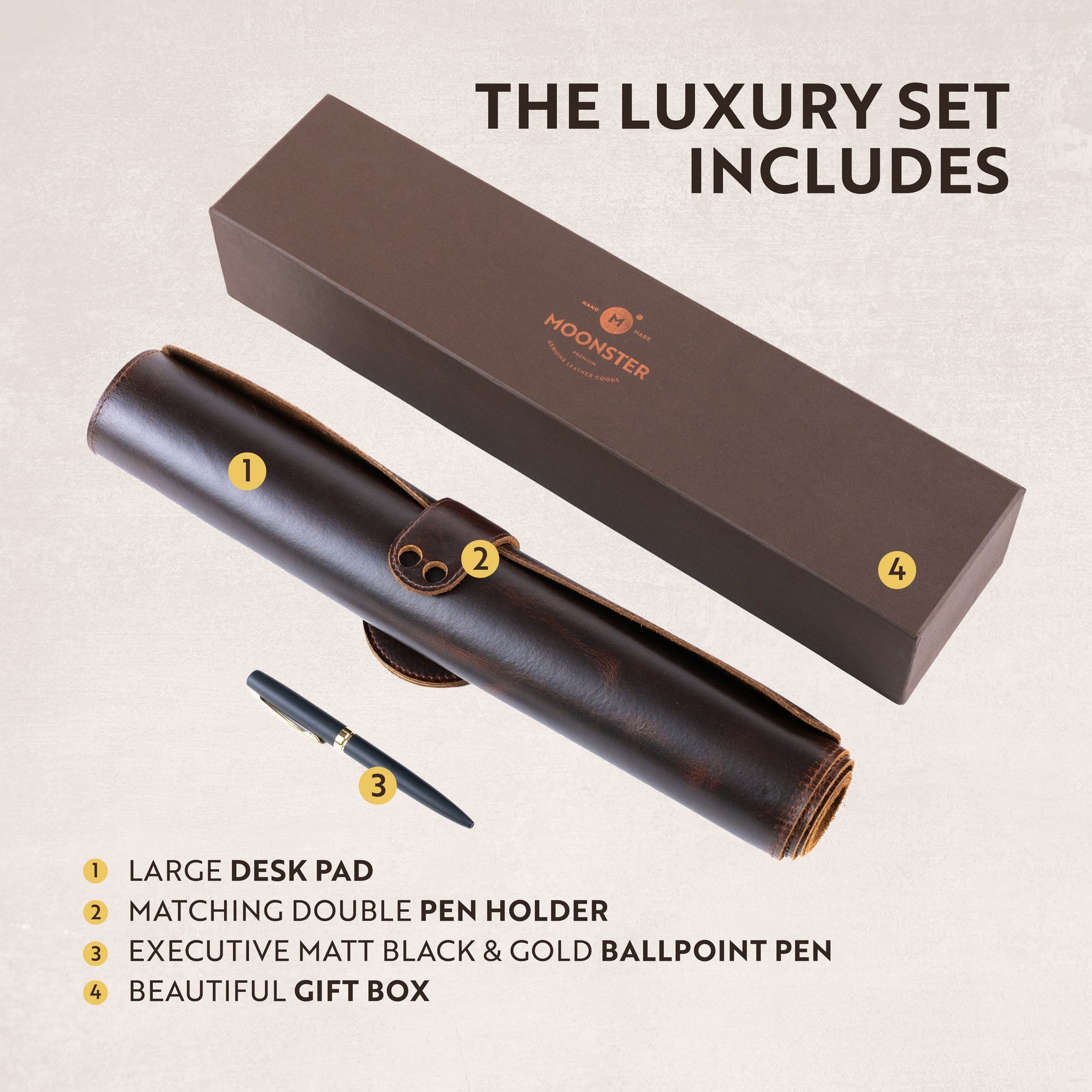 brown leather desk pad set by Moonster with its package box