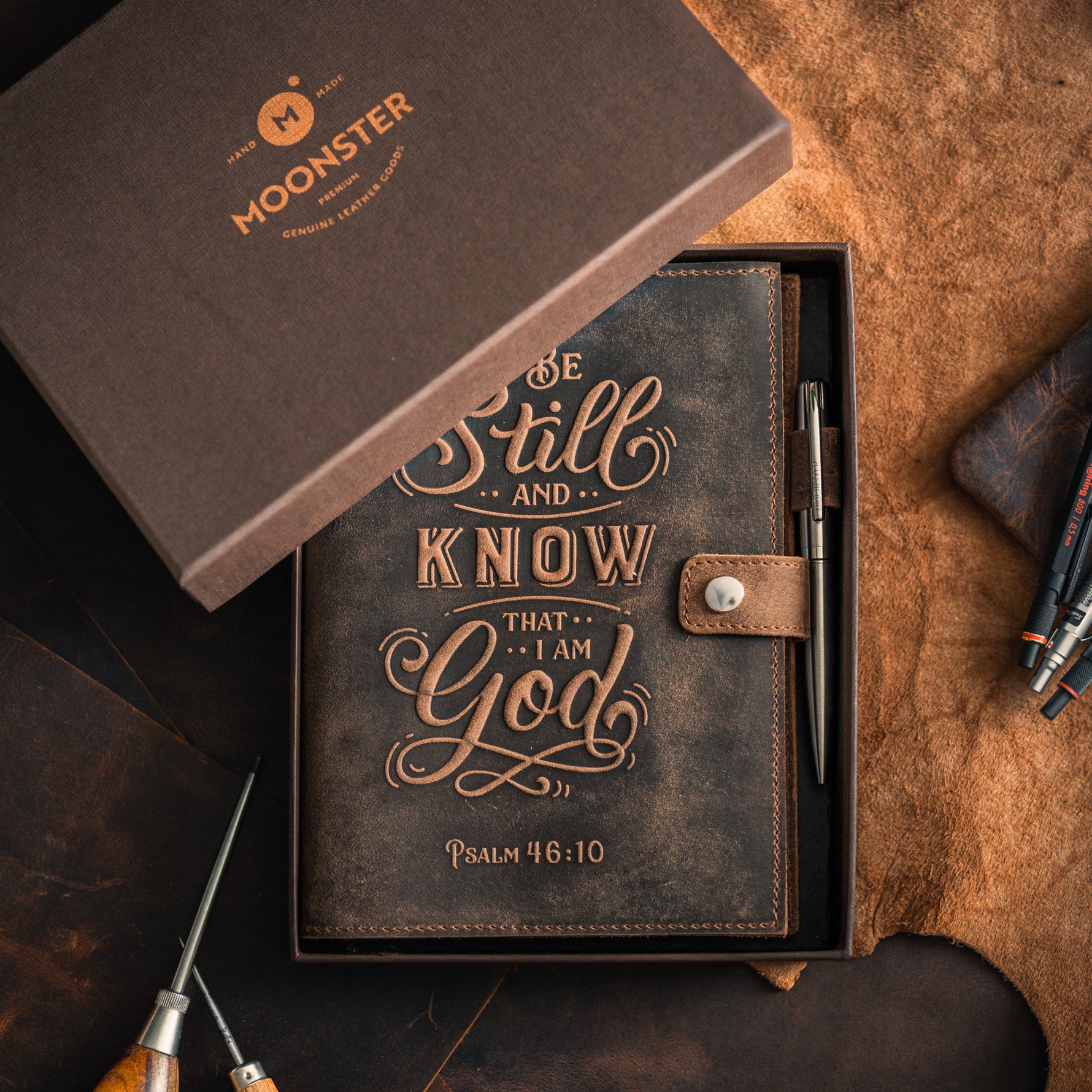 Psalm leather journal packed in a box by Moonster Leather