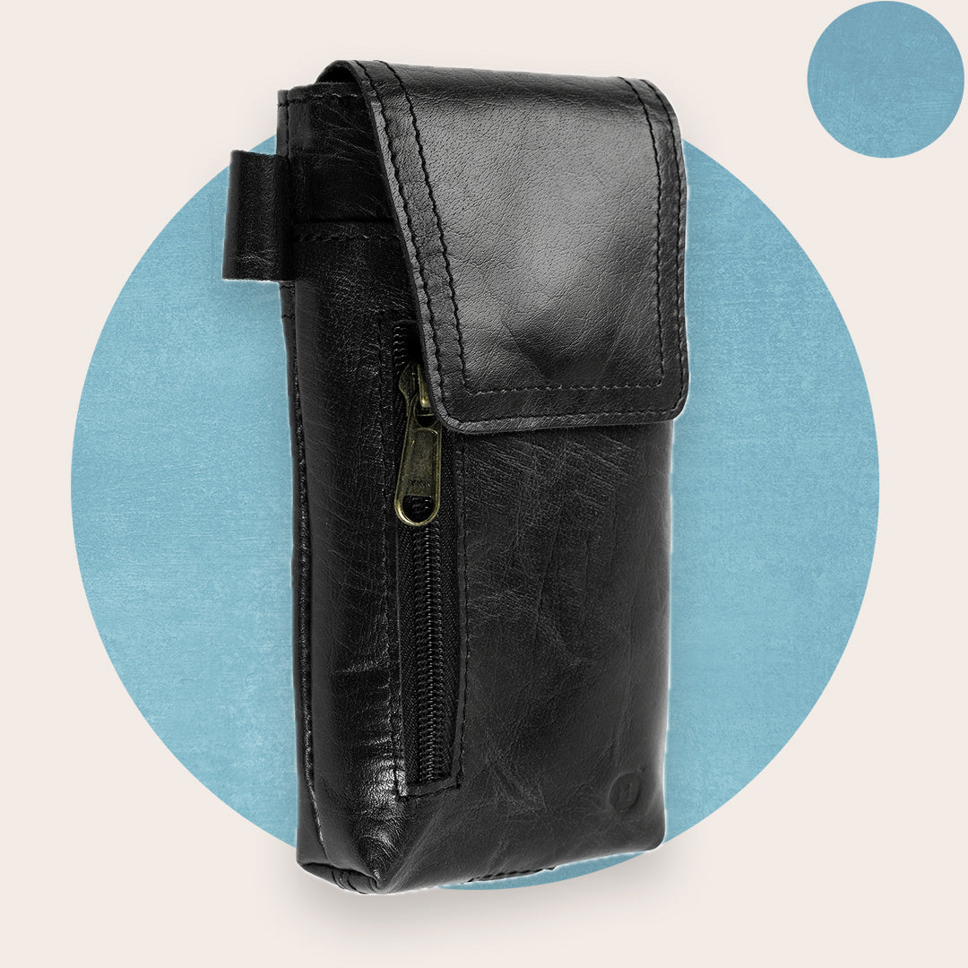 A black leather phone holster with a zipper