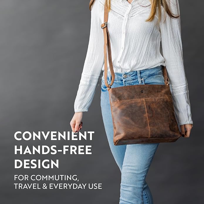 Person wearing a brown leather crossbody bag with text about its convenience for commuting, travel, and everyday use.