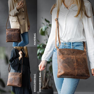 Brown leather handbag, shoulder bag, and crossbody bag worn by a woman.