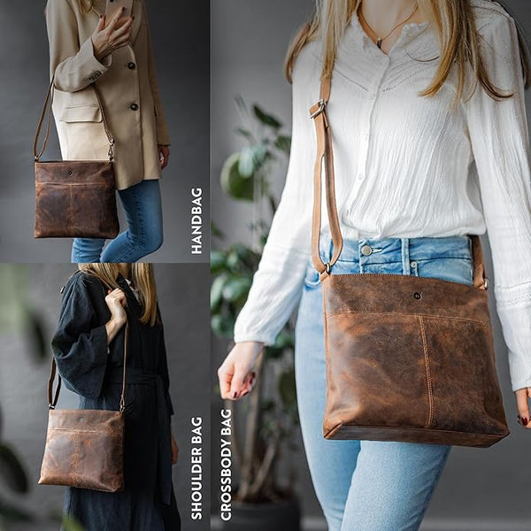 Brown leather handbag, shoulder bag, and crossbody bag worn by a woman.