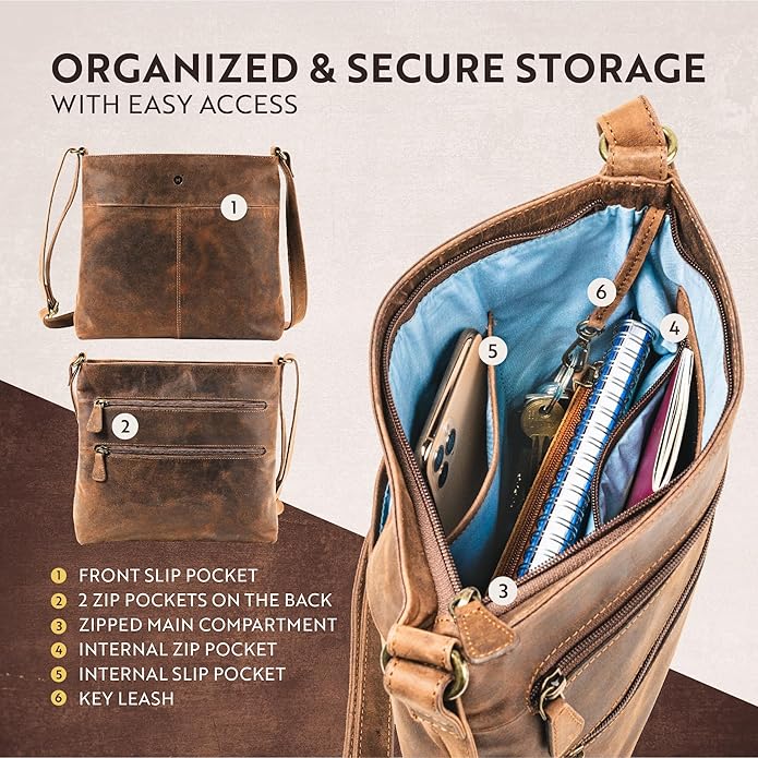 Brown leather women shoulder bag with open compartment showing organized storage compartments.