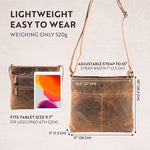 Brown leather crossbody bag with measurements and tablet compatibility on a light gray background