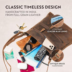 Brown leather women crossbody bag with accessories on a light background, featuring text about craftsmanship and design.