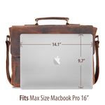 Brown leather messenger bag for men and women shown fitting a 16-inch MacBook Pro, highlighting padded laptop capacity and interior space designed to securely carry larger laptops and work essentials.