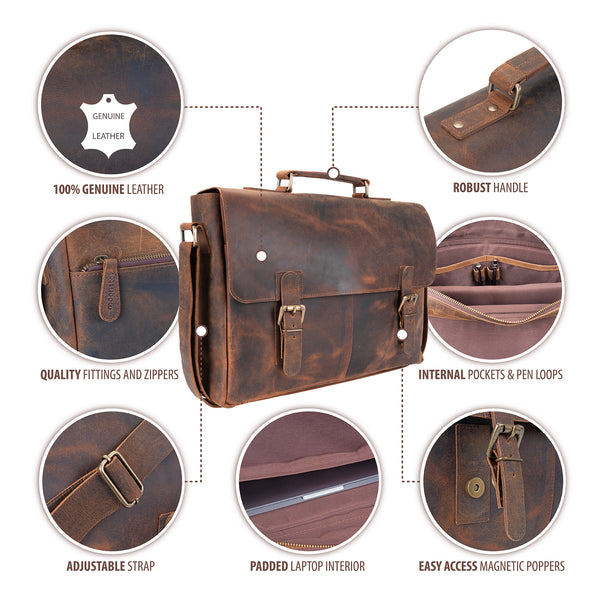 Brown leather messenger bag for men and women featuring genuine leather construction, padded laptop compartment, adjustable strap, robust handle, quality zippers, internal pockets with pen loops, and secure magnetic closures—ideal for carrying a laptop and daily work essentials.