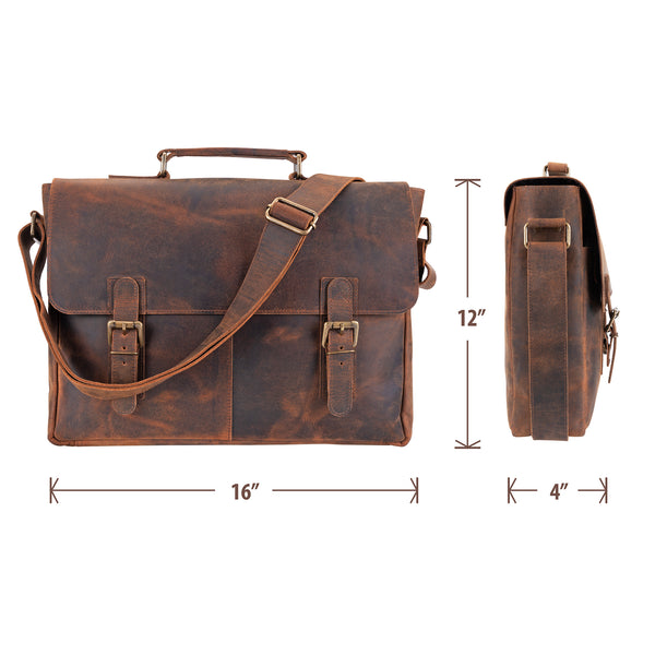Brown leather messenger bag for men and women shown with dimensions, featuring a 16-inch width, 12-inch height, and 4-inch depth, designed to comfortably carry a laptop and everyday work essentials in a durable vintage leather style.