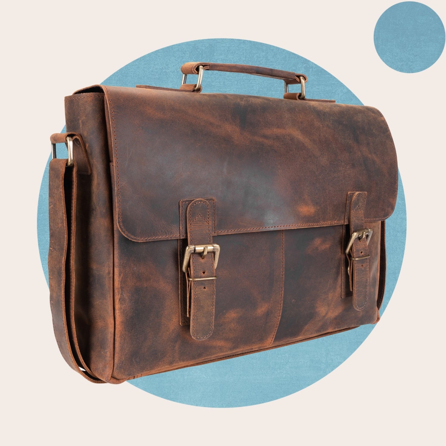 Brown leather messenger bag for men and women with a structured design and secure buckle closure, ideal for carrying a laptop, documents, and everyday work essentials in a durable vintage-style leather finish.